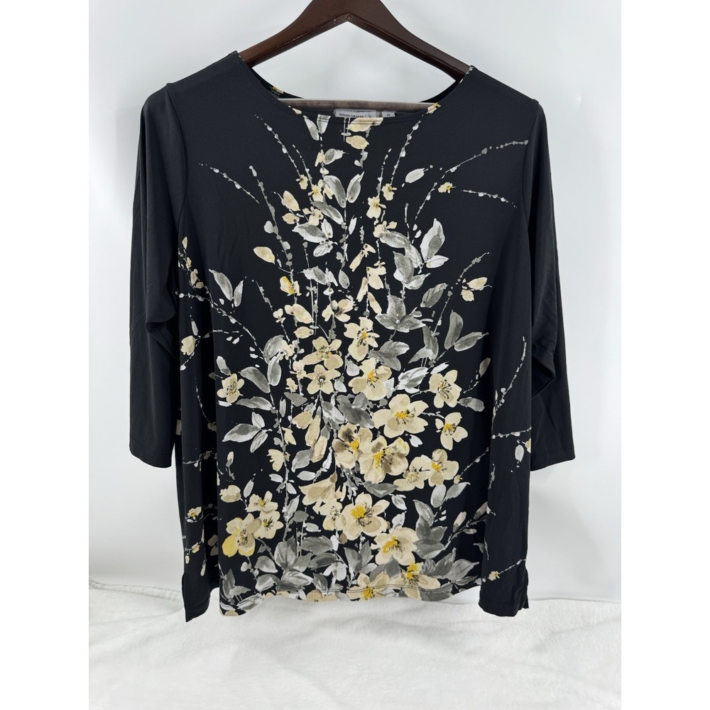 Susan Graver Liquid Knit Tunic Top 2x Black Yellow Floral Rhinestones A230484